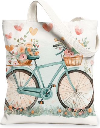 Generic Floral Bike Canvas Tote Bags, Vintage Flower Pattern Reusable Grocery Bags, Lightweight Washable Shoulder Strap Canvas for Outdoor Travel Beach Picnic