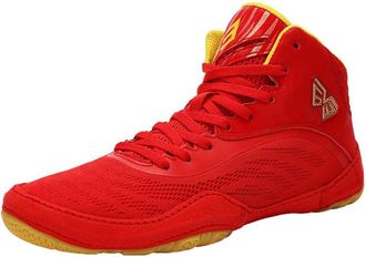 Generic Mens Mesh Breathable Wrestling Boots, Mid-Top Fitness Sneakers Lightweight Lace Up Fighting Boxing Training Shoes,Red,10.5 UK