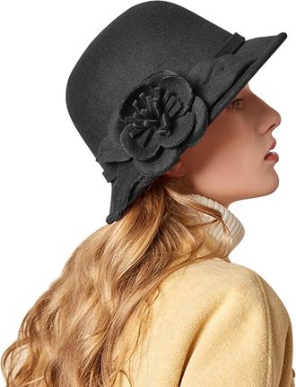 Generic Womens Wool Cloche Hat 1920s Winter Bucket Hat Vintage Church Elegant Flower Vintage Cloche Bucket Winter Hat with Bow Knot and Flower Black