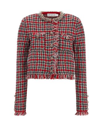 Self Portrait Cropped Checkered Boucl&eacute; Cotton-Blend Jacket