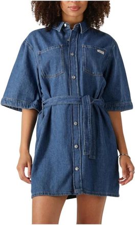 Calvin Klein Kleedjes, Dames, Blauw, XS, Linnen, Linnen Boxy Geriemde Overhemdjurk