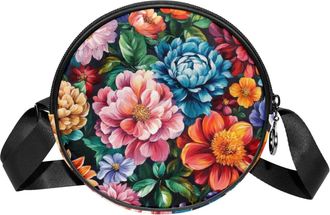 Generic Circle Crossbody Bag for Women, Bright Red Rich Flower Small Sling Bag Daypack with Zipper Adjustable Shoulder Straps Casual Ladies Girls Round Purse