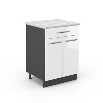 Vicco Mueble Bajo De Cocina Fame-line, Blanco Alto Brillo, 60 Cm Con Caj&oacute;n, Et M&aacute;rmol Vicco