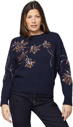 Wallis Floral Sequin Pattern Crew Neck Jumper, L, Navy