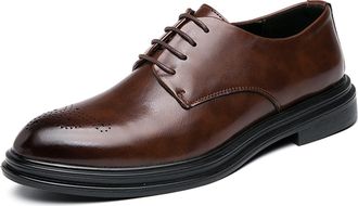 Generic Formal Dress Shoes for Men Lace Up Burnished Round Toe Brogue Embossed Vegan Leather Anti-Slip Rubber Sole Block Heel Wedding(Brown,5.5 UK)