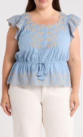 Democracy Embroidered Eyelet Flutter Sleeve Peplum Top in Chambray Blue/Khaki at Nordstrom Rack, Size 3X