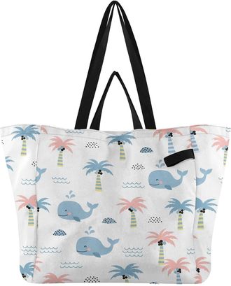 Generic Tropical Whale Palm Tree pattern Reusable Canvas Tote Bag, Heavy Duty Grocery Shopping Bag with Large Capacity Hard Bottom Double Handles Work Groceri