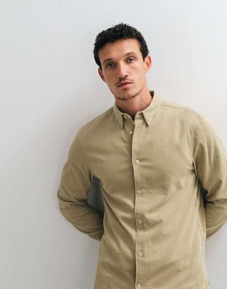AllSaints Birchwood - Camicia beige in velluto a coste a maniche lunghe con logo-Neutro