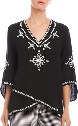 Karen Kane Embroidered Asymmetric Hem Linen Blend Top in Black at Nordstrom, Size X-Small P