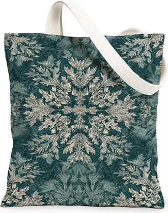 Generic Floral Leaves Canvas Tote Bags, Decorative Plant Pattern Reusable Bags, Winter Vintage Lightweight Washable Shoulder Strap, Teal, 13x15 Inch