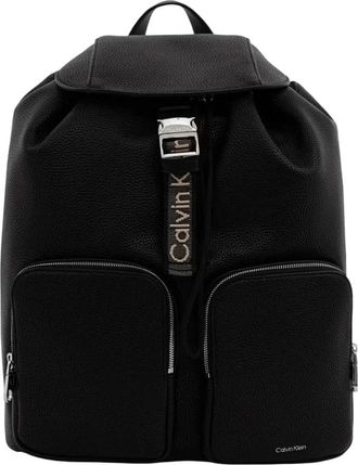 Calvin Klein Tassen, Dames, Zwart, ONE Size, Polyester, Webbing Strap Flap Backpack
