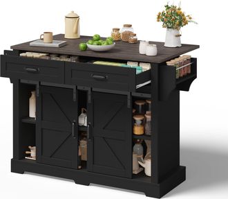 STILVORA Carro De Cocina Con 2 Puertas Correderas, 2 Cajones, Encimera Abatible Y Estantes Ajustables En Mdf 120x45x91 Cm Negro