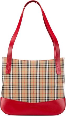 Burberry Pre-owned Tote Bags, female, Brown, Size: ONE SIZE Pre-owned Plaid Tote Bag Red Leather Accents