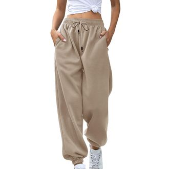 Generic Jogger Sweatpants for Women Drawstring Workout Pants with Pockets Solid Color Cuffed Trousers High Waisted Elastic Tracksuit Bottoms Baggy Jogging Jog