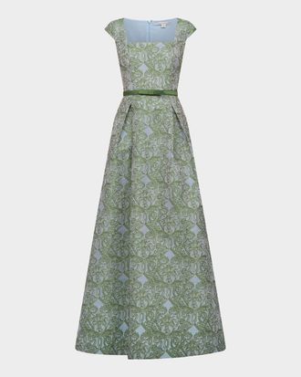 Kay Unger Constance Pleated Ombre Damask Jacquard Gown