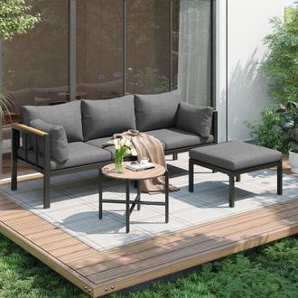C&A Outdoor Garden Furniture Set:Grey Corner Sofa,Coffee Table&Footstool with Steel Frame&Glass Top