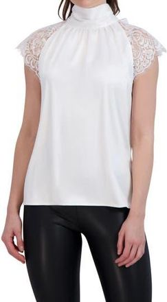 Ookie & Lala Tie Back Mock Neck Lace Sleeve Satin Blouse in White at Nordstrom Rack, Size X-Small