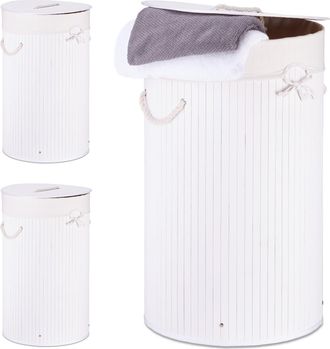 Relaxdays 3 Cestas De Bamb&uacute; Para Ropa, Plegables Con Tapa, Capacidad 70 L, Bolsas De Algod&oacute;n, Redondas &Oslash;41 Cm, Blancas