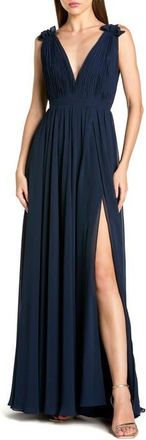 Mac Duggal Petite Sleeveless Pleated Chiffon V-Neck Gown in Navy at Nordstrom, Size 14