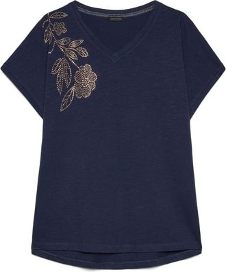Fiorella Rubino Tops, Dames, Blauw, XS, Katoen, Katoenen T-shirt met Bloemapplicatie