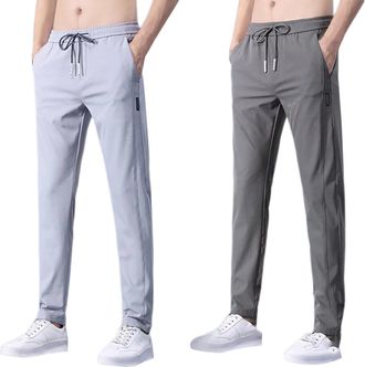 Generic Mens Ice Silk Sweatpants, Pack of 2 Lightweight Summer Trousers Loose Fit Jogging Trouser with Drawstring Stretchy Casual Sweatpants Solid Colour Stra