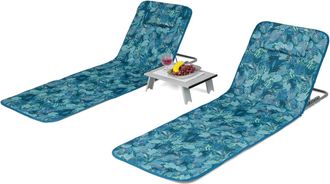 Costway Costway Set De Esterilla De Playa Con Respaldo Plegable Y 1 Mesita, Set Tumbonas Regulables 5 Posiciones Para Relajars, Sillas Regulables Port&aacute;tiles P