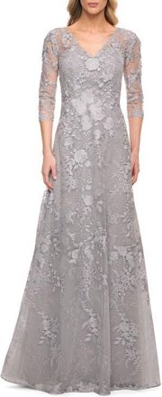 La Femme Long Lace Evening Dress with V Neckline and Sleeves in Silver at Nordstrom, Size 12