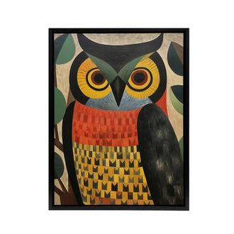 Artery8 Folk Art Geometric Owl Framed Canvas Wall Art Print | Size: W24 x H32