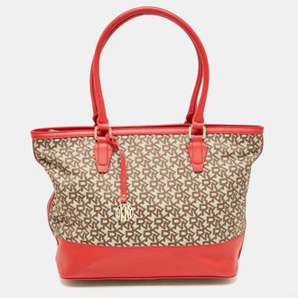 DKNY Dkny Red/beige Signature Canvas And Leather Zip Tote