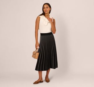 Adrianna Papell Pleated Pinstriped Knit Midi Skirt In Black Cream