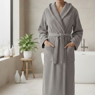 Dmora Bata De Ba&ntilde;o Satiza, 100% Algod&oacute;n Con Capucha, Talla Xl, Gris