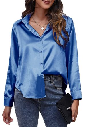 Feoya Satin Blouse for Women UK Long Sleeve Womens Silk Shirts Lapel V Neck Shirt Buton Down Tops Loose Fit Casual Bussiness Shirt Plain Collared Formal Shi