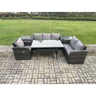 Fimous 6 Piece Rattan Garden Furniture Set with Patio Sofa Rectangular Dining Table 2 Side Table Indoor Conservatory Patio Set - Fimous