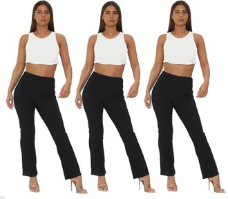Generic Ladies (Pack of 3) Stretch Bootleg Trousers Ribbed Women Bootcut Elasticated Waist Pants Work WEAR Pull ON Bottoms Plus Sizes 8-26 Black