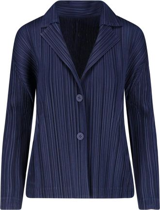 Pleats Please Issey Miyake Navy Pleated Classic Lapel Blazer