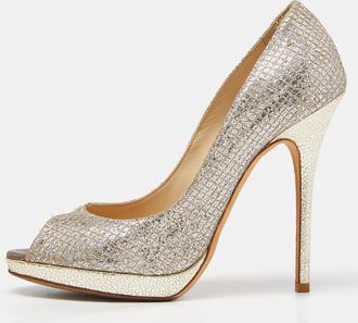 Jimmy Choo London Gold/silver Glitter And Leather Luna Peep Toe Pumps