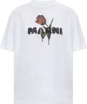 Marni T-shirt met logo - Dames - T-shirts - Wit - XS - Katoen - Tops