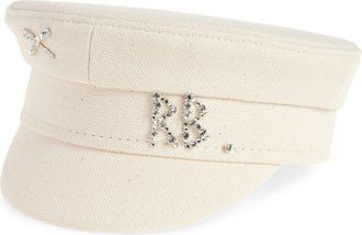 Ruslan Baginskiy Crystal Embellished Canvas Newsboy Cap in Beige at Nordstrom, Size Small