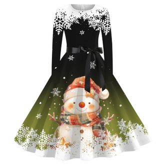 Generic Christmas Dress Women UK Xmas Santa Reindeer Snowflake Christmas Tree Printed A Line Dresses Long Sleeve Cocktail Girl Party Knee Length Dresses O Nec