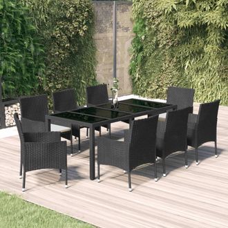 vidaXL Set De Comedor De Jard&iacute;n 9 Pzas Y Cojines Rat&aacute;n Sint&eacute;tico Negro Vidaxl