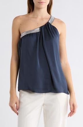 Ramy Brook Socall Crystal Embellished One-Shoulder Satin Blouse in Navy at Nordstrom Rack, Size Small