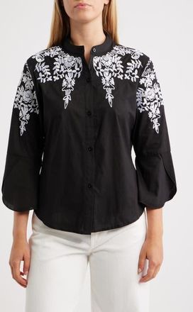 Nikki Lund Veronique Embroidered Cotton Button-Up Shirt in Black at Nordstrom, Size Xx-Small