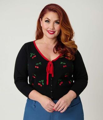 Unique Vintage Plus Size 1950s Crop Knit Cardigan in Black W/cherries at Nordstrom, Size 2X