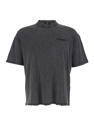 Represent Grey Crewneck T-Shirt With Logo Lettering On The Front In Cotton Man