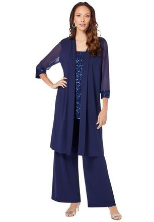 Roaman's Plus-Size 3 Piece Knit Embellished Pant Set in Navy at Nordstrom, Size 26