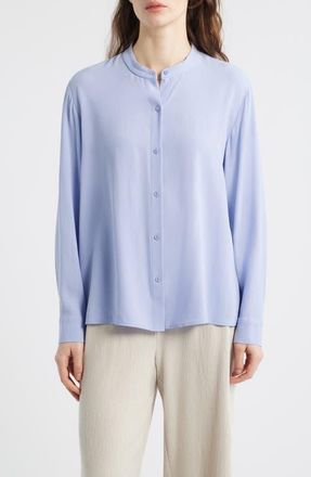 Eileen Fisher Mandarin Collar Silk Button-Up Shirt in Plume at Nordstrom, Size X-Large