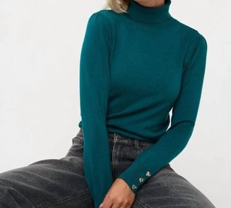 Esqualo Billa Basic Knit Buttoned Cuff Turtleneck Sweater In Teal
