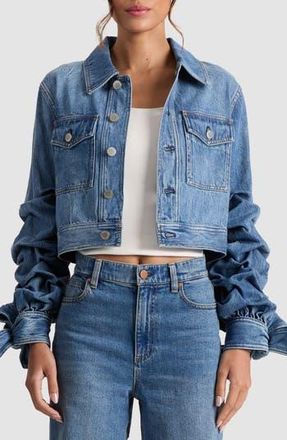 Alice & Olivia Tiff Bow Cuff Crop Denim Jacket in Ami Blue at Nordstrom Rack, Size Small