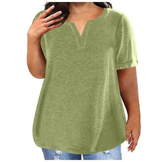 Generic Womens Tops Solid Color V Neck Oversized Casual Cotton T-Shirt Summer Elegant Basic Tunic Blouse Top Plus Size Loose Shirts Ladies Soft Pleated Blouse