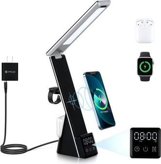 OEM L&aacute;mpara De Escritorio Led 4 En 1, 3 Modos De Luz Ajustables, Pantalla Digital, Reloj, Carga R&aacute;pida Inal&aacute;mbrica Qi, Carga De Tel&eacute;fono, Carga De Auricul